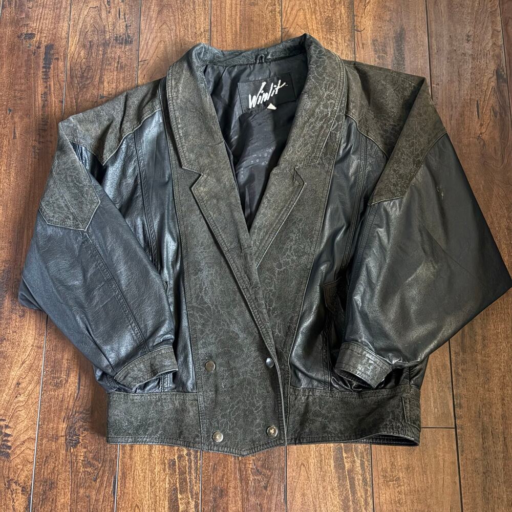 Vintage Winlit Genuine Leather Jacket Womens M Black Leopard Print Suede 90s